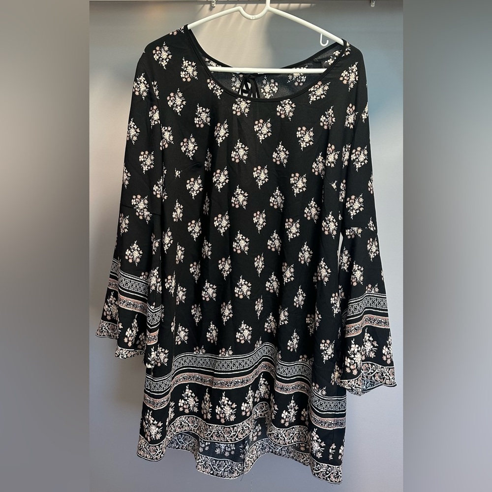 XHILARATION size XL black with floral design, bell sleeve tunic style dress.